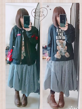 「ヒッコリー」｜「アイテム（MA-1）」を使った、みはるさん（レディース・152cm）の春コーディネート