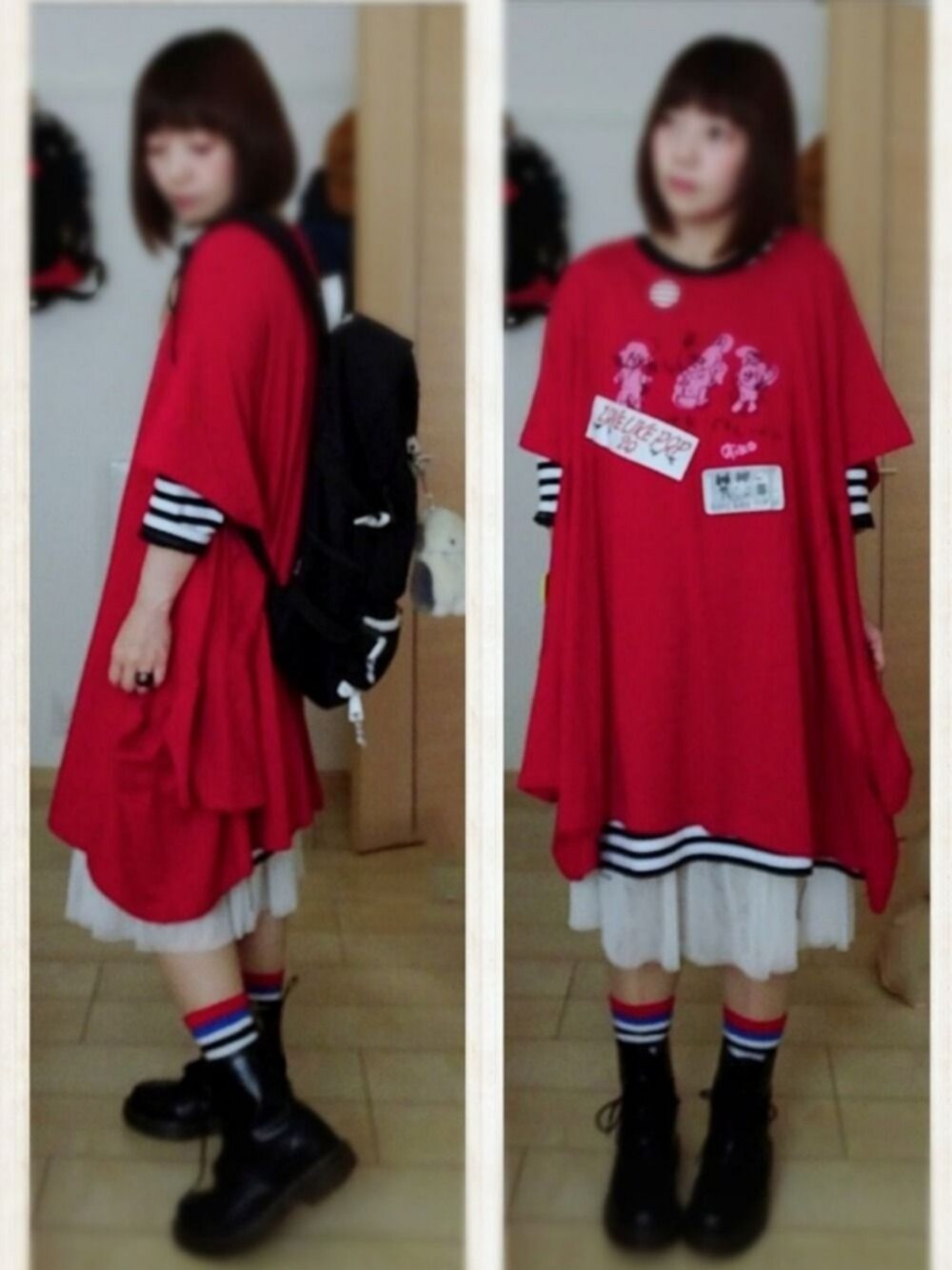 レッド系のTシャツ/カットソー、ホワイト系のワンピース、ブラック系のバックパック/リュックを着用したレディースの夏コーディネートの1枚目の写真