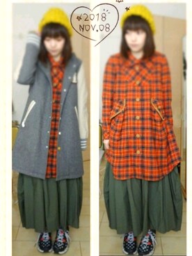 「シャツワンピ」｜「アイテム（スタジャン）」を使った、みはるさん（レディース・152cm）の秋コーディネート