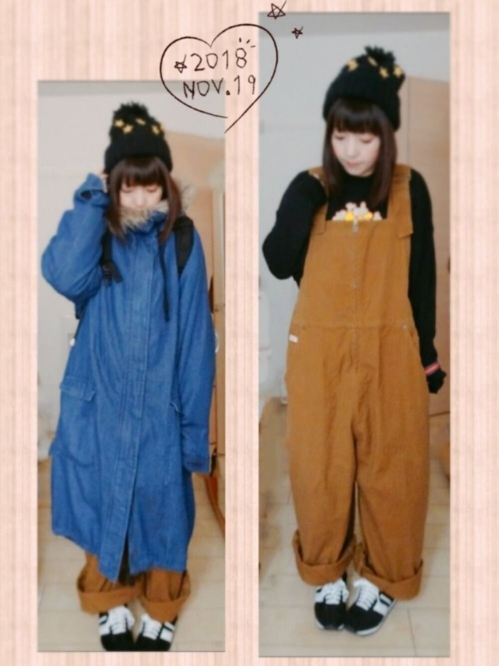 ブラック系のスニーカー、グレー系のスウェット、ブルー系のモッズコートを着用したレディースの秋コーディネートの1枚目の写真