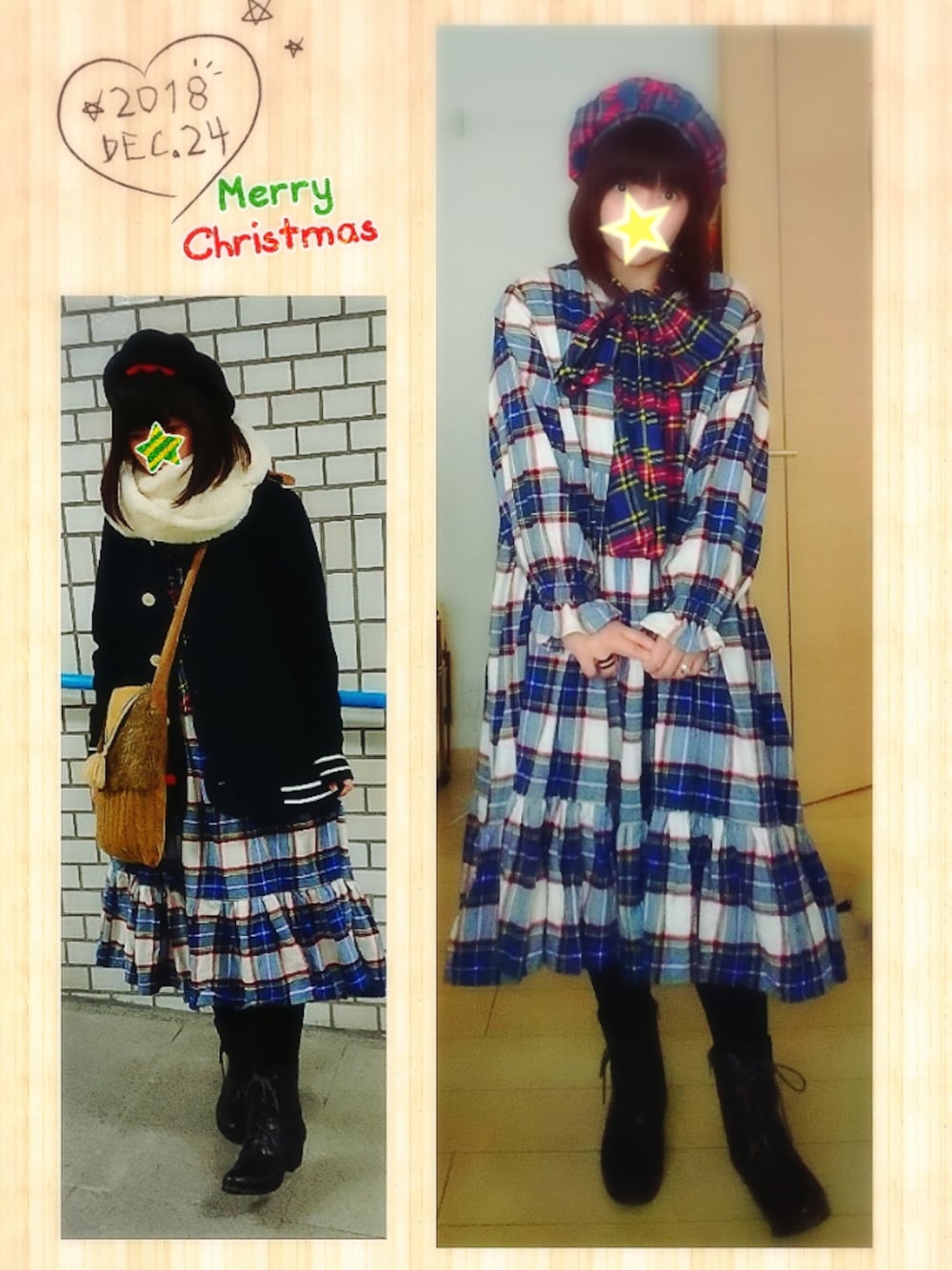 ブルー系のワンピース/ドレス、ブルー系のピーコート、ブラウン系のショルダーバッグを着用したレディースの冬コーディネートの1枚目の写真