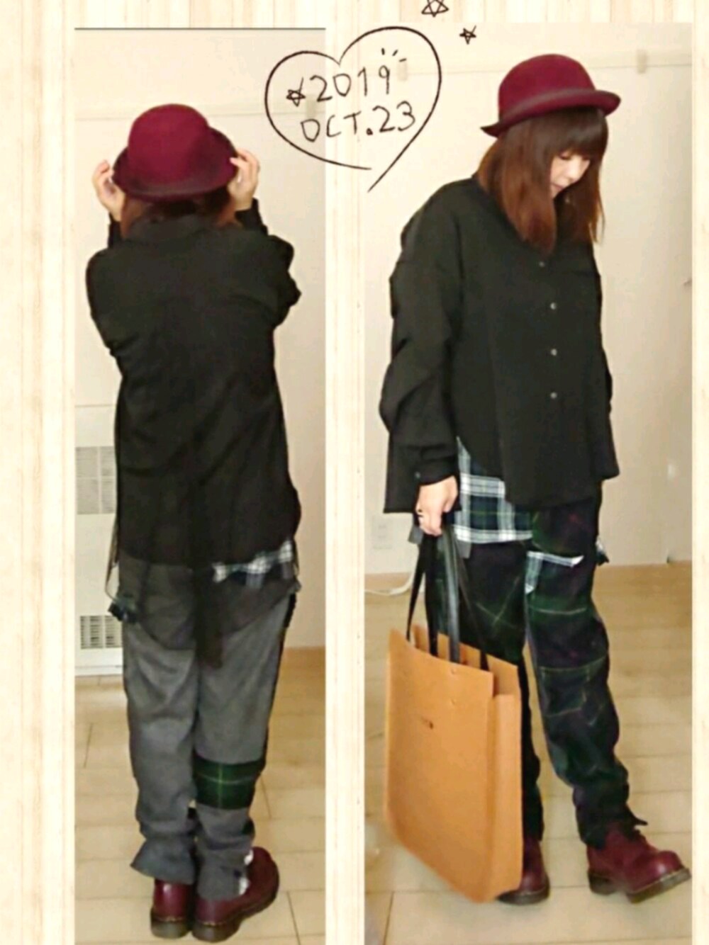 ブルー系のその他パンツ、ブラック系のシャツ/ブラウス、レッド系のブーツを着用したレディースの秋コーディネートの1枚目の写真