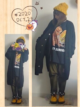 「ネコ」｜「アイテム（ニットキャップ/ビーニー）」を使った、みはるさん（レディース・152cm）の秋コーディネート