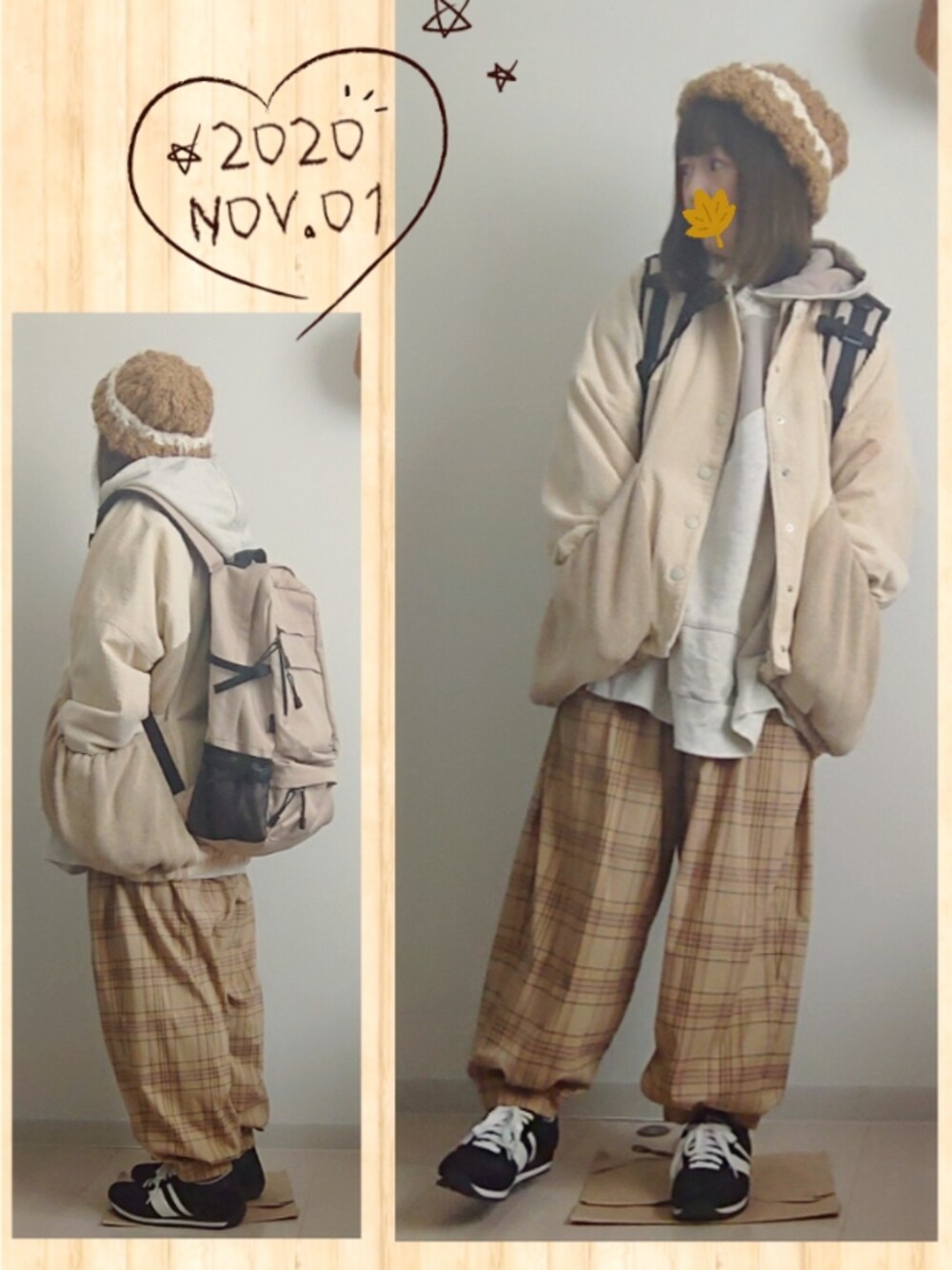 ホワイト系のその他アウター、ベージュ系のパーカー、ブラック系のスニーカーを着用したレディースの秋コーディネートの1枚目の写真