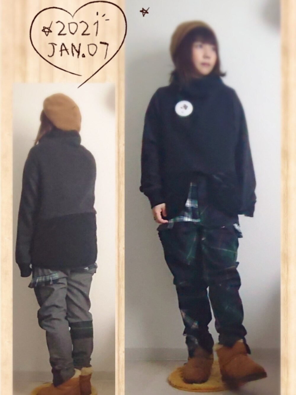 グレー系のニット/セーター、イエロー系のブーツ、ブルー系のその他パンツを着用したレディースの冬コーディネートの1枚目の写真