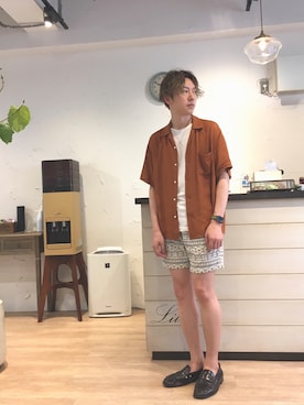 「アイテム（トップス、ブラウン系）」を使った、ヤマカワテルオさん（メンズ・168cm）の夏コーディネート