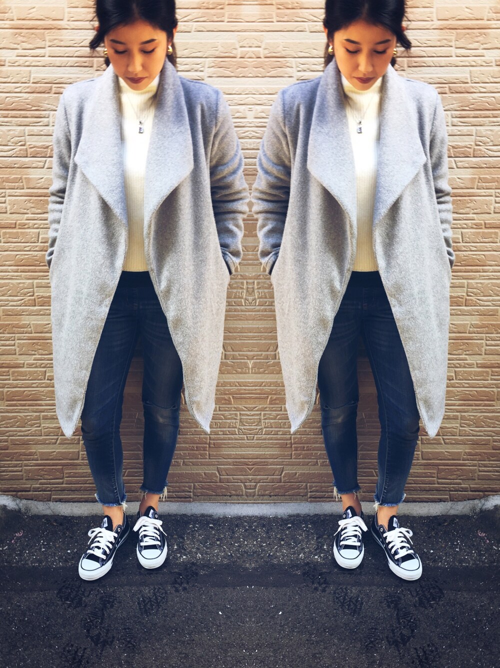 「大人カジュアル、シンプル、パンツスタイル、ootd、スニーカーコーデ、デニムパンツ、ママコーデ、converse、fashion」｜「CONVERSE ALL STARの【Converse/コンバース】  All star J OX：オールスターローカット＃（スニーカー、ホワイト系）」を使った、r_s_a0811さん（レディース・165cm）の冬コーディネートの1枚目の写真