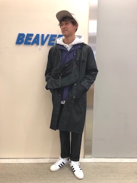 「MANASTASH（マナスタッシュ）のアイテム（ステンカラーコート）」を使った、小野　隼ノ介さん（メンズ・178cm）の冬コーディネート