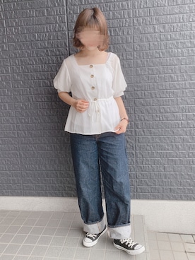 「UNIQLO（ユニクロ）のハイライズワイドストレートジーンズ（デニムパンツ）」を使った、あさぽんさん（レディース・160cm）の夏コーディネート