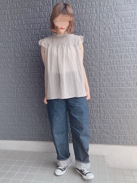 「UNIQLO（ユニクロ）のハイライズワイドストレートジーンズ（デニムパンツ）」を使った、あさぽんさん（レディース・160cm）の夏コーディネート