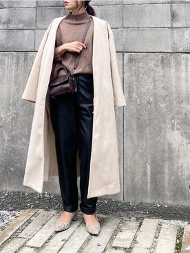 「ガウンコート」｜「アイテム（ノーカラージャケット）」を使った、mikaさん（レディース・157cm）の冬コーディネート