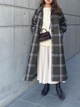 「レザースカート」｜「アイテム（ステンカラーコート）」を使った、mikaさん（レディース・157cm）の冬コーディネート