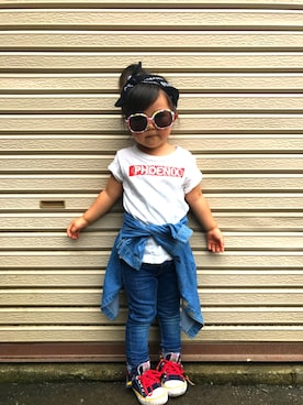 「H&M（エイチ・アンド・エム）のアイテム（デニムパンツ、ブルー系）」を使った、saaachanさん（キッズ）の夏コーディネート
