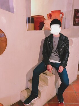 「WEGO（ウィゴー）のWEGO/エコレザーダブルライダースジャケット（ライダースジャケット、ブラック系）」を使った、翔さん（メンズ・170cm）の冬コーディネート