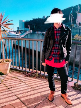 「WEGO（ウィゴー）のWEGO/エコレザーダブルライダースジャケット（ライダースジャケット、ブラック系）」を使った、翔さん（メンズ・170cm）の冬コーディネート