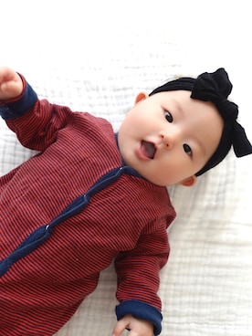 「アイテム（ロンパース、レッド系）」を使った、あめちゃん🍬さん（キッズ・60cm）の秋コーディネート