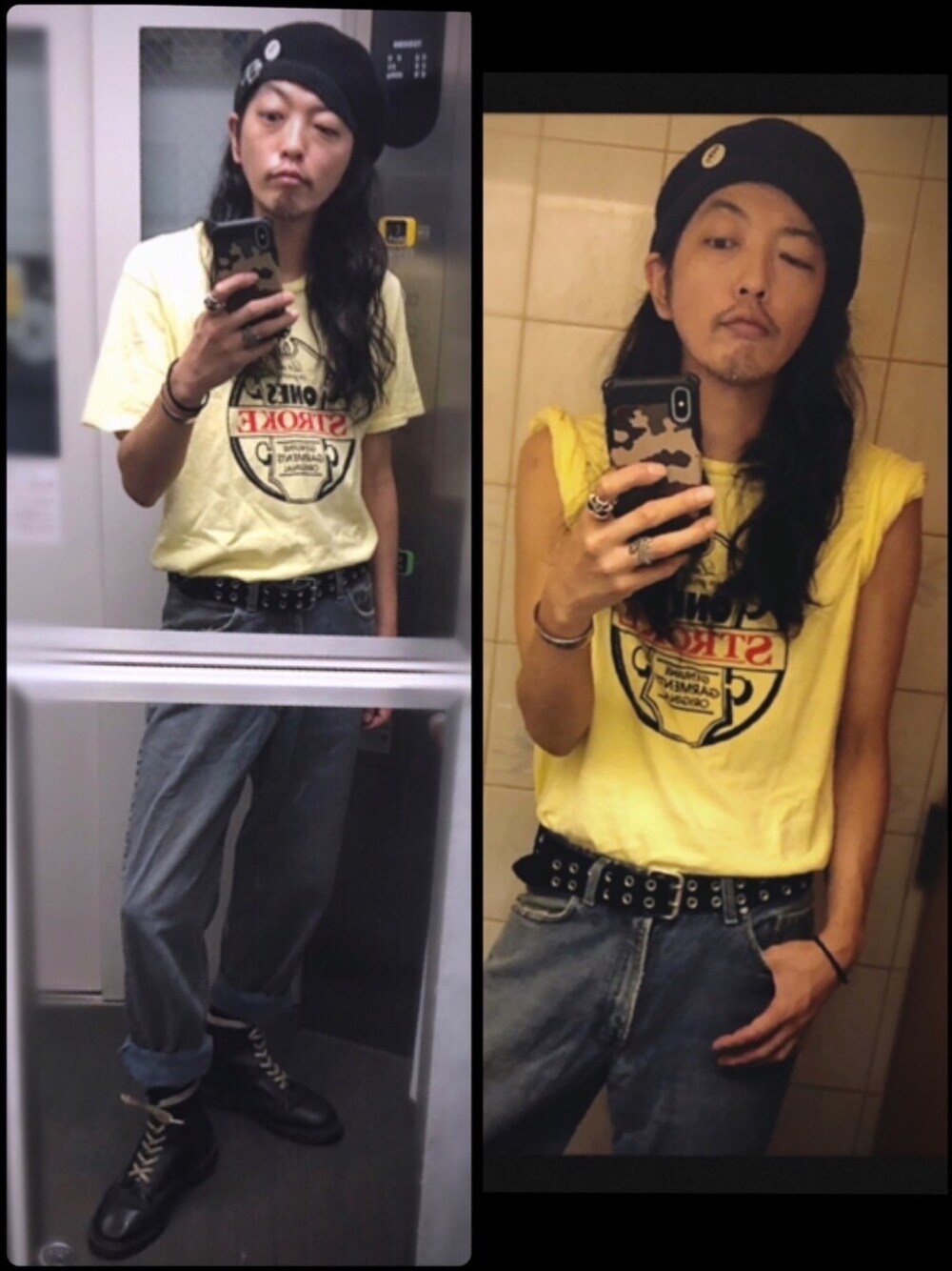 「夏、夏だ！Tシャツ着よう！、Tシャツイン、ドクターマーチン、デニム、ベレー帽」｜「CA4LAのアイテム（ハンチング/ベレー帽、ブラック系）」を使った、ぽんさん（メンズ・175cm）の夏コーディネートの1枚目の写真