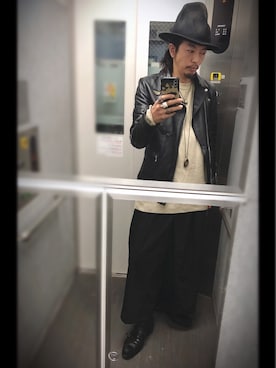 「袴パンツ」｜「アイテム（ライダースジャケット）」を使った、ぽんさん（メンズ・175cm）の秋コーディネート