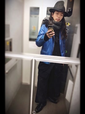 「袴パンツ」｜「アイテム（ライダースジャケット）」を使った、ぽんさん（メンズ・175cm）の冬コーディネート