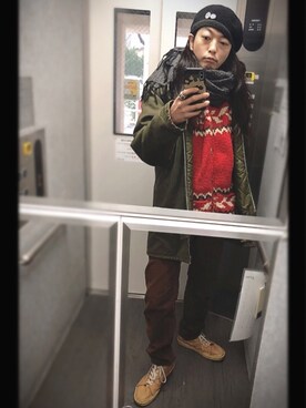 「アイテム（ソックス/靴下、グリーン系）」を使った、ぽんさん（メンズ・175cm）の冬コーディネート