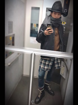 「ネルシャツ」｜「アイテム（スタジャン）」を使った、ぽんさん（メンズ・175cm）の冬コーディネート
