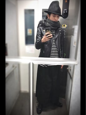 「袴パンツ」｜「アイテム（ライダースジャケット）」を使った、ぽんさん（メンズ・175cm）の冬コーディネート