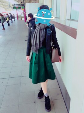 「ワンポイント」｜「アイテム（ライダースジャケット）」を使った、SANERuさん（レディース・163cm）の春コーディネート