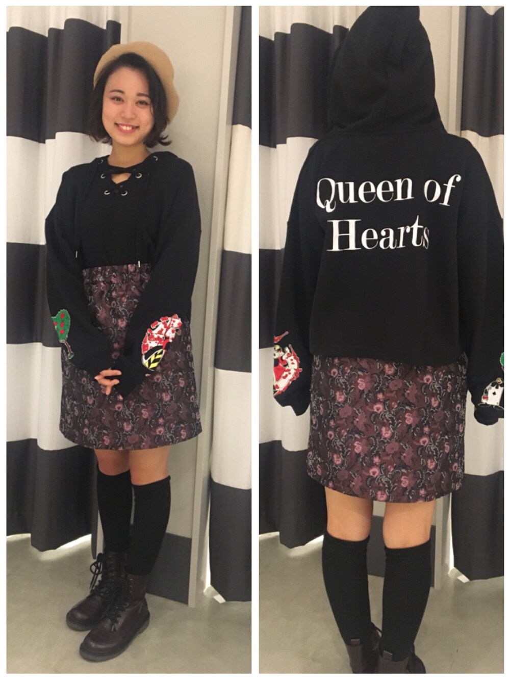 ブラック系のパーカー、パープル系のスカートを着用したレディースの秋コーディネートの1枚目の写真