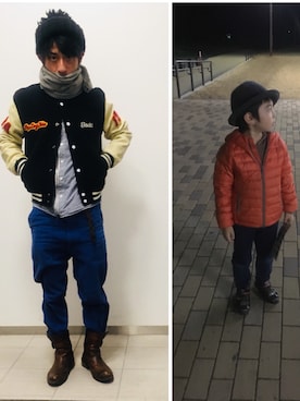 「息子」｜「アイテム（スタジャン）」を使った、hide104さん（メンズ・162cm）の冬コーディネート