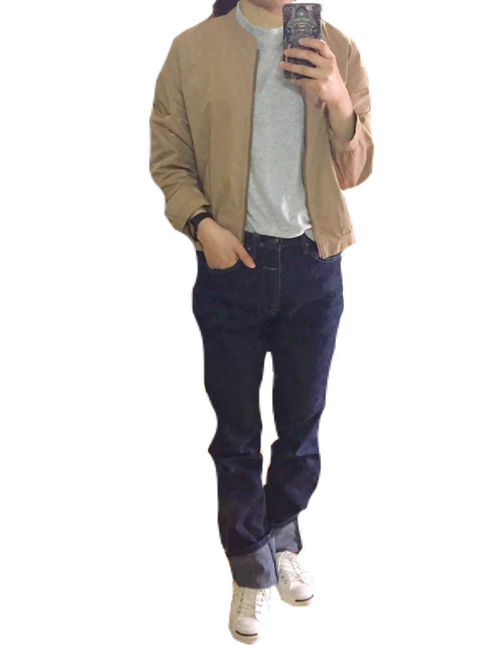 「シンプルコーデ、オトナカジュアル、ラフ、デニムパンツ、メンズライク、ブルゾン、jack purcell、MHL.、スニーカー」｜「MHL.の・MHL JACK PURCELL（スニーカー、ホワイト系）」を使った、ashibaさん（レディース・158cm）の春コーディネートの1枚目の写真
