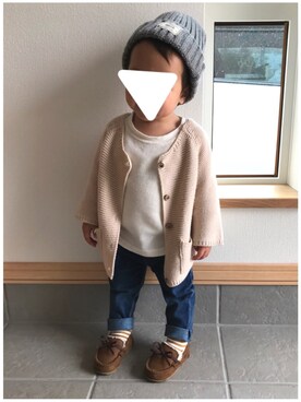 「アイテム（モカシン/デッキシューズ）」を使った、Re & Anさん（キッズ・80cm）の秋コーディネート