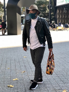 「ストライプパンツ」｜「アイテム（ライダースジャケット）」を使った、hakaseさん（メンズ・169cm）の秋コーディネート
