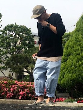 「MANEBU（マネブ）のアイテム（スリッポン）」を使った、mtnbさん（メンズ・170cm）の春コーディネート