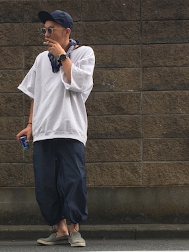 「MANEBU（マネブ）のアイテム（スリッポン）」を使った、mtnbさん（メンズ・170cm）の夏コーディネート