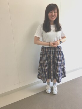 「Champion（チャンピオン）のチャンピオン 半袖Tシャツ POCKETT-SHIRT CW-M321（Tシャツ/カットソー、ホワイト系）」を使った、さとう まほさん（レディース・154cm）の夏コーディネート