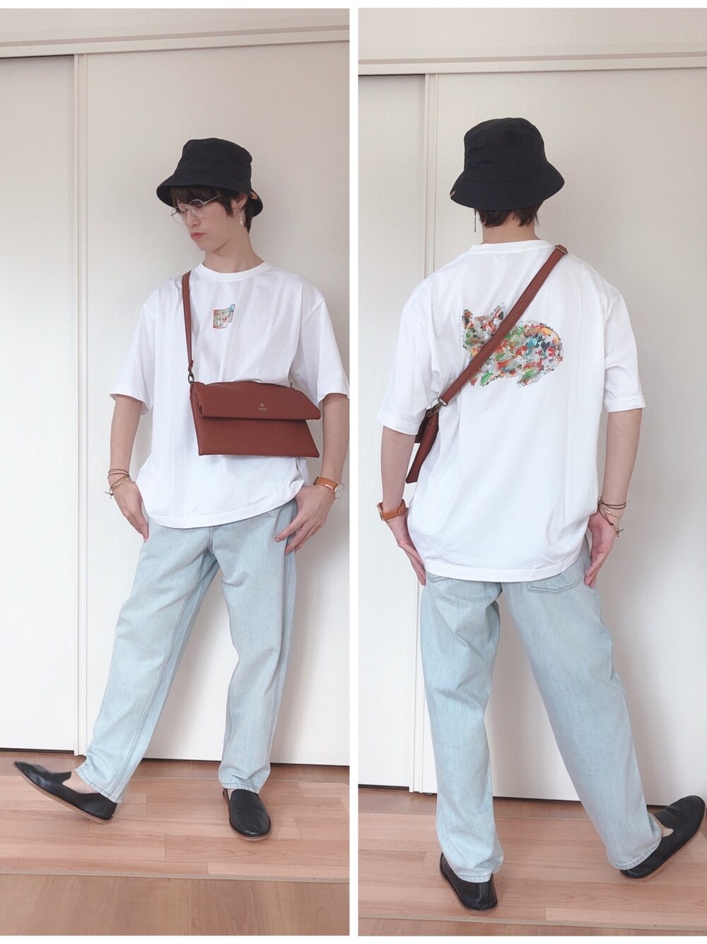 「夏コーデ、米津玄師UT、UNIQLOコーデ、上下UNIQLO、低身長、スリッポン、MB、ダテメガネ、グラフィックＴ、バケットハット」｜「MBのアイテム（ハット、ブラック系）」を使った、wayuさん（メンズ・169cm）の秋コーディネートの1枚目の写真