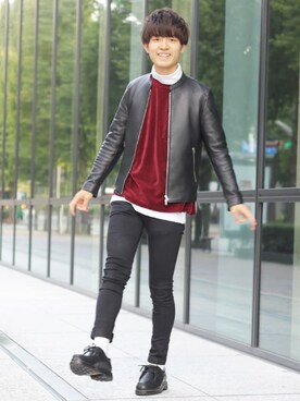 「ベロア」｜「アイテム（ライダースジャケット）」を使った、ひろやさん（メンズ・175cm）の秋コーディネート