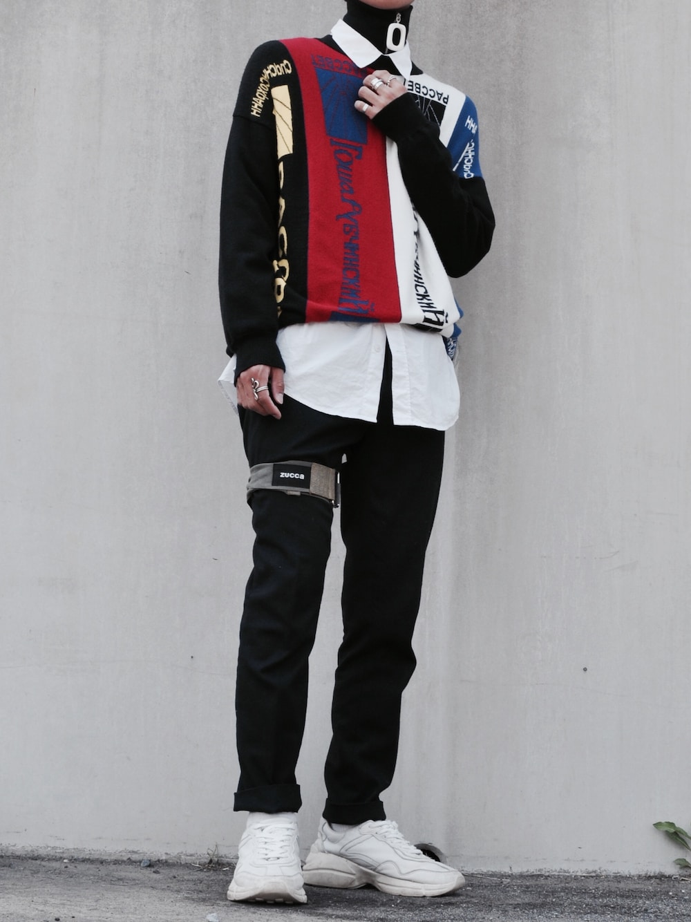 「おしゃれさんと繋がりたい、シンプル、shiyoh、gosharubchinskiy、カラフル」｜「Gosha Rubchinskiyのアイテム（ニット/セーター、レッド系）」を使った、zaoldyeck(ゼノ)さん（メンズ・168cm）の春コーディネートの1枚目の写真