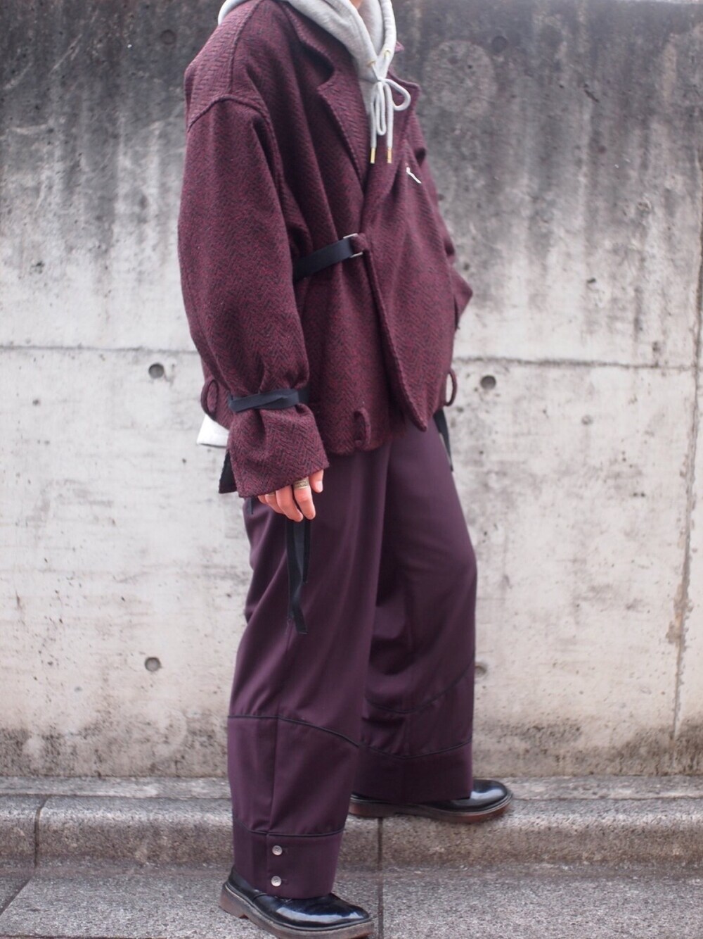 「2018マイベストコーデ、おしゃれさんと繋がりたい、クリスマス、パーカー、パープル、レッド、HARE、フォローミー、低身長、くりぼっち」｜「HAREの尾州ウールヘリンボンライダース(HARE)（ライダースジャケット、レッド系）」を使った、yuuichroさん（メンズ・168cm）の冬コーディネートの1枚目の写真