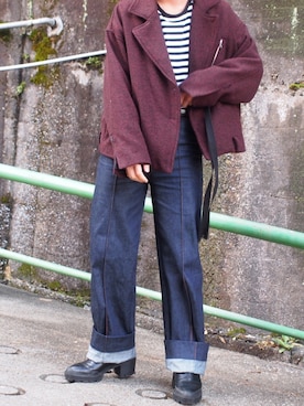 「アイテム（ライダースジャケット、レッド系）」を使った、yuuichroさん（メンズ・168cm）の秋コーディネート