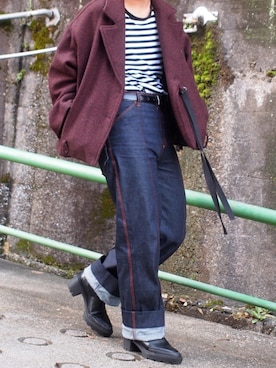 「アイテム（ライダースジャケット、レッド系）」を使った、yuuichroさん（メンズ・168cm）の秋コーディネート