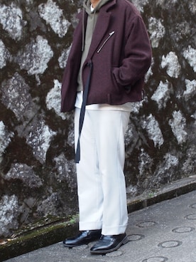 「アイテム（ライダースジャケット、レッド系）」を使った、yuuichroさん（メンズ・168cm）の冬コーディネート