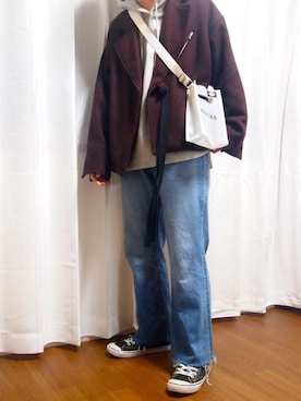 「アイテム（ライダースジャケット、レッド系）」を使った、yuuichroさん（メンズ・168cm）の冬コーディネート