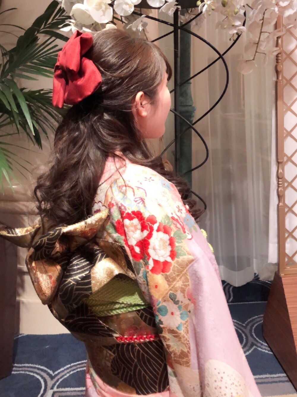 「結婚式、着物、ピンク、はいからさん、デカリボン、レトロ」｜「京都きもの友禅のアイテム（浴衣、ピンク系）」を使った、momoKoさん（レディース・150cm）の冬コーディネートの1枚目の写真
