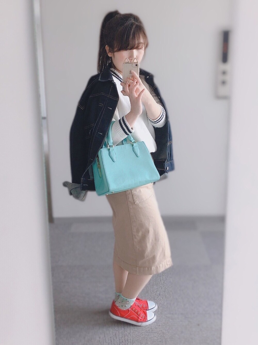 「GU、Gジャン、春コーデ、マリン、イング、ビックシルエット、おしゃれさんと繋がりたい、きれいめカジュアル、ポロラルフローレン、パステル映える春」｜「indexの◆2WAYファーチャーム付きボストンバッグ（ボストンバッグ、グリーン系）」を使った、momoKoさん（レディース・150cm）の春コーディネートの1枚目の写真