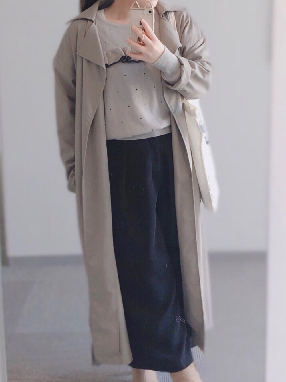 「平成最後のWEARISTAセンバツ、ロングコート、カーキ」｜「GUのアイテム（パンツ、ブラック系）」を使った、momoKoさん（レディース・150cm）の春コーディネートの1枚目の写真