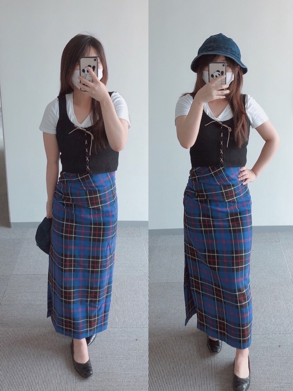 「スリットスカート、ZARA、ロンスカ、ブルー、チェック、おしゃれさんと繋がりたい、低身長、足長効果、バケットハット、ビスチェ」｜「ZARAのアイテム（スカート、ブルー系）」を使った、momoKoさん（レディース・150cm）の夏コーディネートの1枚目の写真