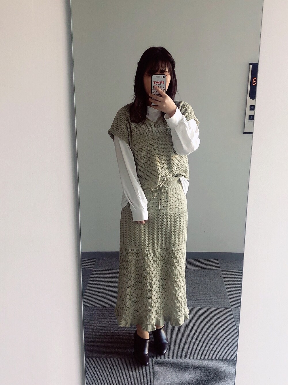 「GU、セットアップ、パステルカラー、ニットスカート、おしゃれさんと繋がりたい、低身長」｜「GUのアイテム（ニット/セーター、グリーン系）」を使った、momoKoさん（レディース・150cm）の冬コーディネートの1枚目の写真