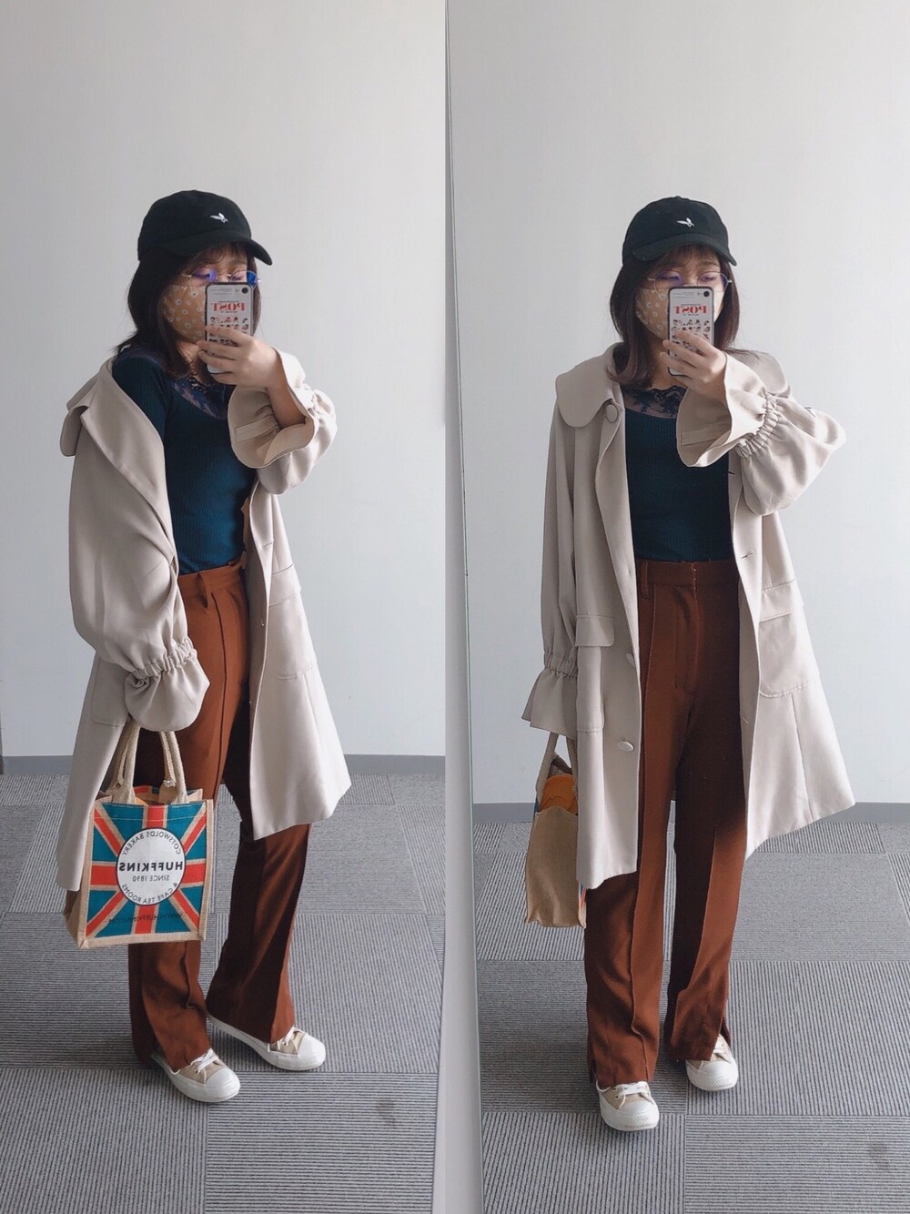 「主役はカラーパンツ、ブラウン、おしゃれさんと繋がりたい、低身長、RETRO GIRL」｜「HUFFKINSのアイテム（かごバッグ、その他）」を使った、momoKoさん（レディース・150cm）の春コーディネートの1枚目の写真