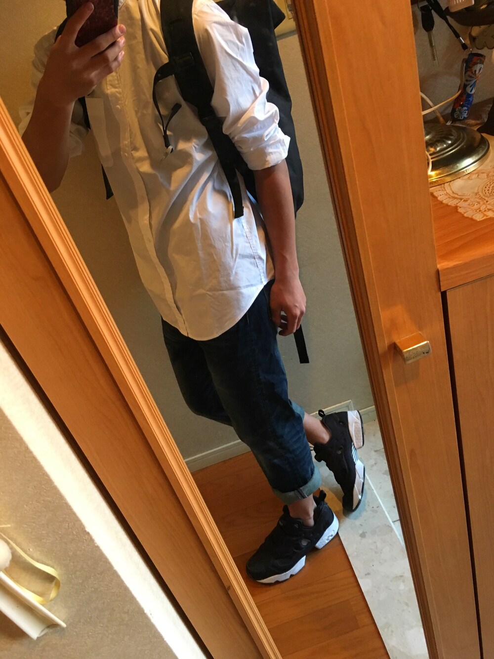 「タイチのアイテム（バックパック/リュック、ブラック系）」を使った、Takutoさん（メンズ・167cm）の春コーディネートの1枚目の写真